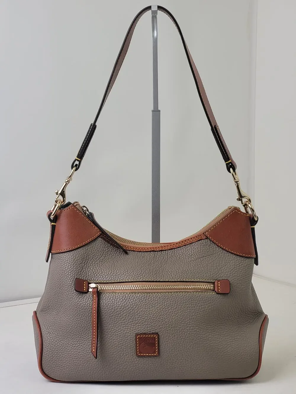 Dooney & Bourke Pebble Grain Small Hobo Shoulder Bag Taupe Body & Brown Trim